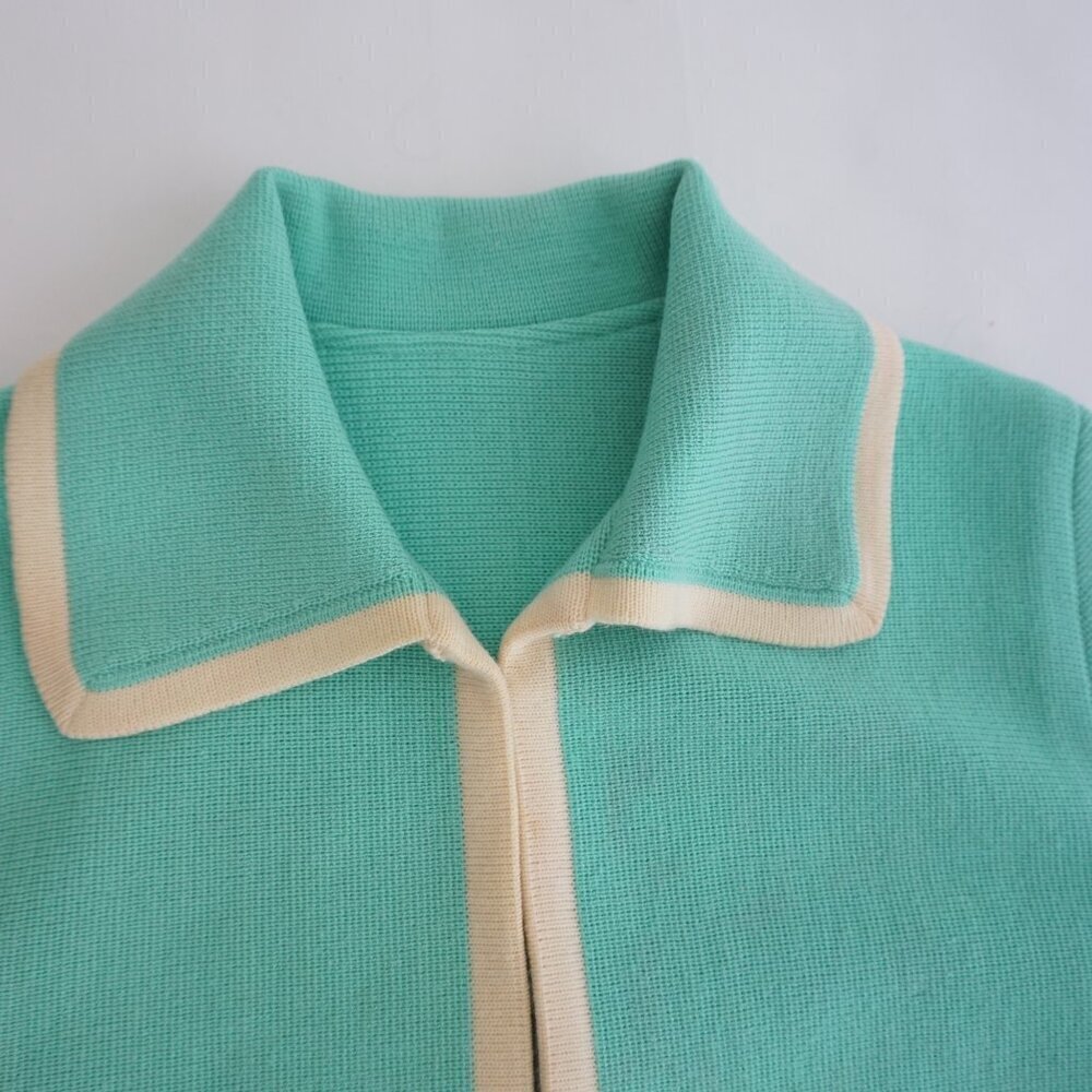 Vintage Teal w White Embroidered Floral Open Front Cardigan Sweater S - Picture 10 of 11